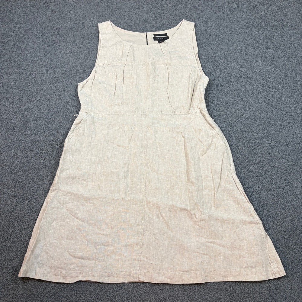 Tahari Dress Women 14 Tan Linen Sleeveless Pleated Neck Shift A-Line 8663